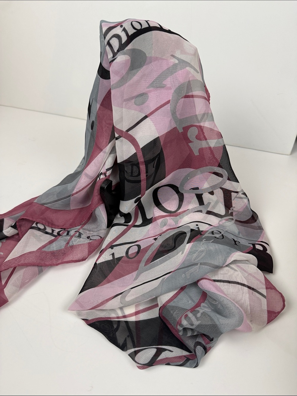 Dior Multicolor Pink, Gray & Black Logo Silk Scarf